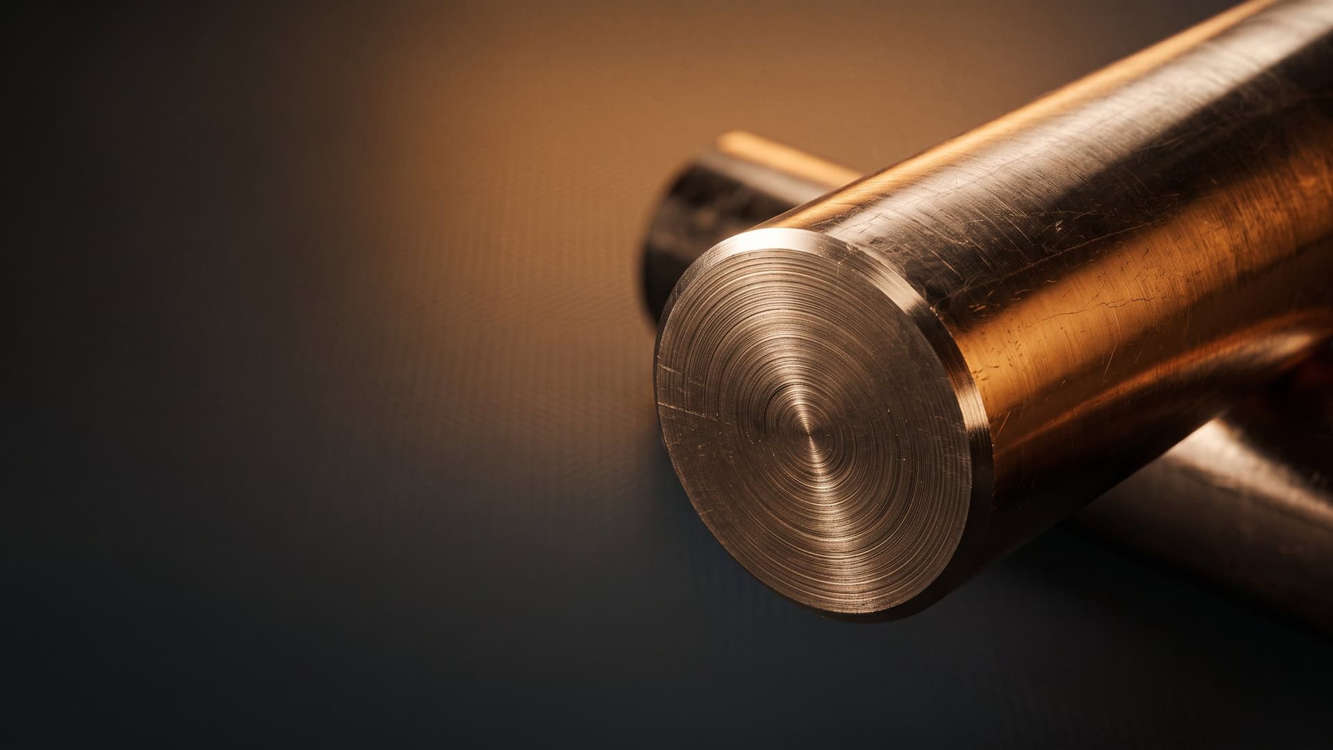 Barra maciça de bronze com a face recém-cortada mostrando os anéis concêntricos da usinagem