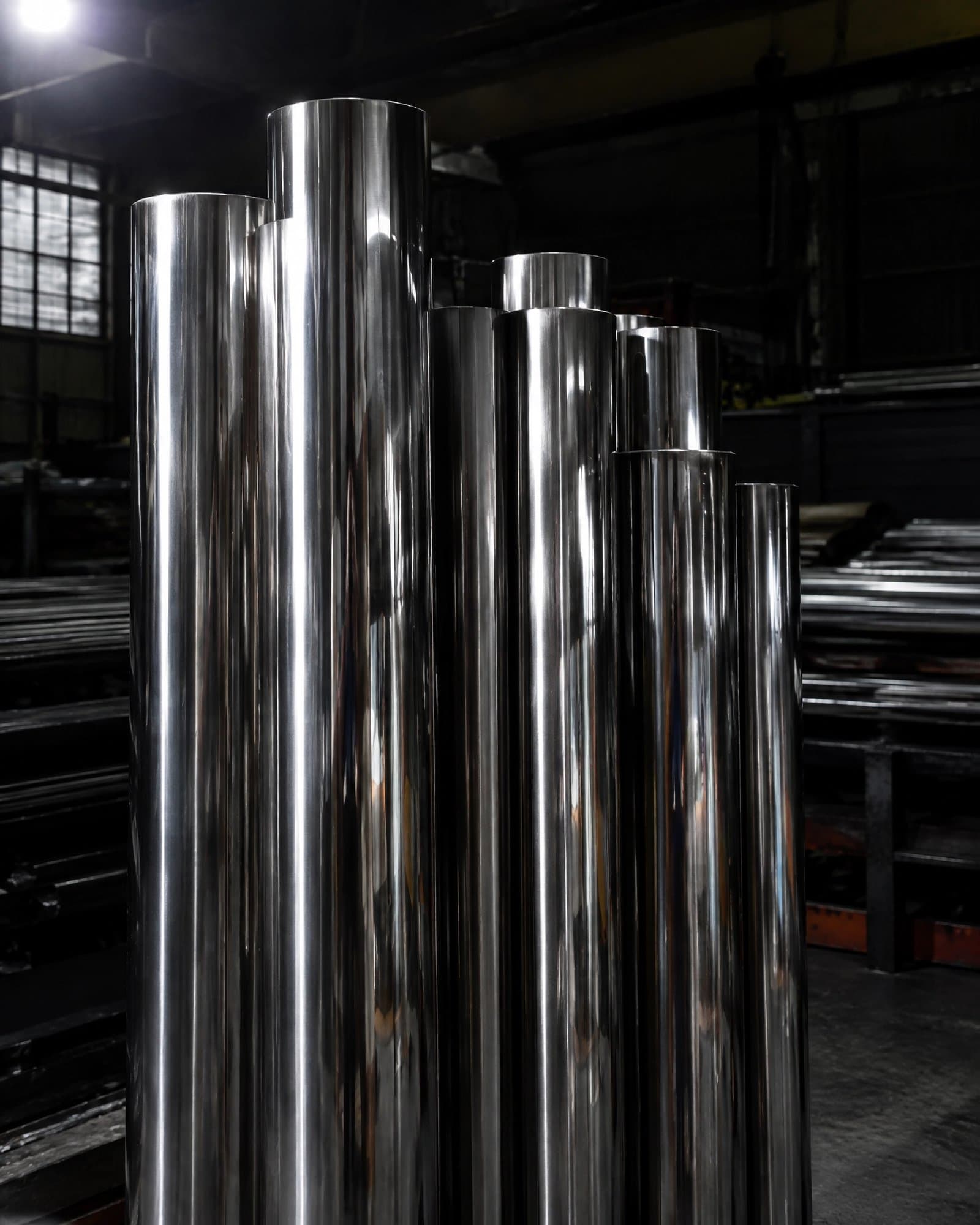 Barras de aço inox polido refletindo a luz do galpão